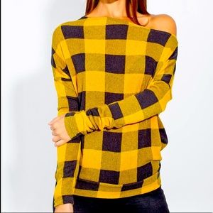 White Birch Yellow and Black Plaid Off-Shoulder Sweatshirt
